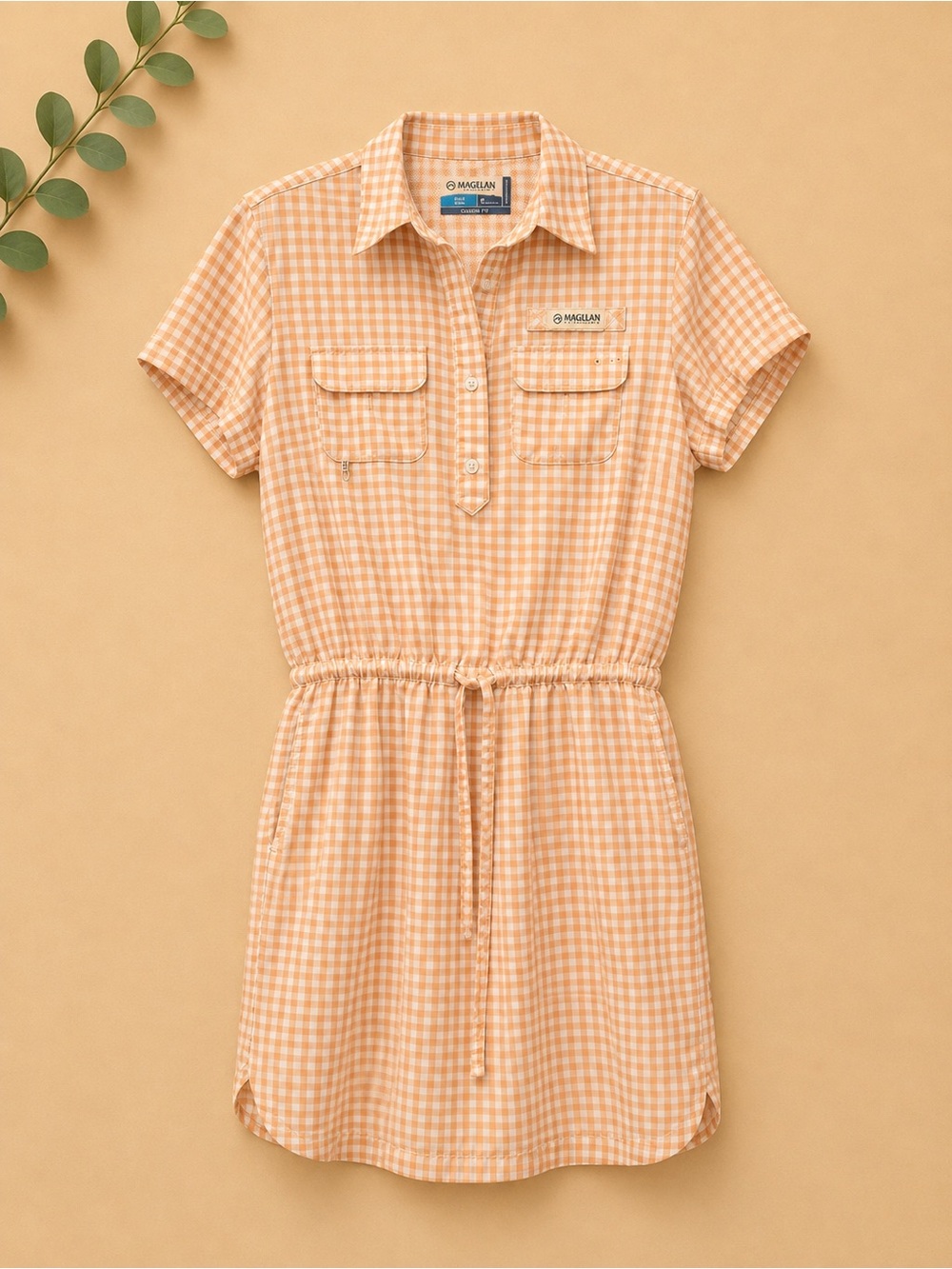 Magellan Outdoors Peach and White Gingham Shirt Dress